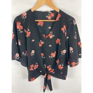 Lush Black Floral Print Tie Bottom Blouse Size Medium